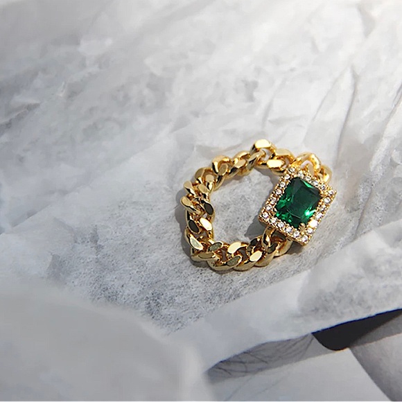Emerald Cut AAA Quality Cubic Zircon Studded 18k Gold Plated Chain Ring - Picture 1 of 16